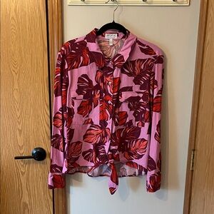 Sofia by Sofia Vergara Pink and Red Leaf Print Blouse